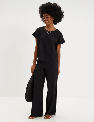 Pantalon large gaufr&eacute; taille &eacute;lastiqu&eacute;e noir femme