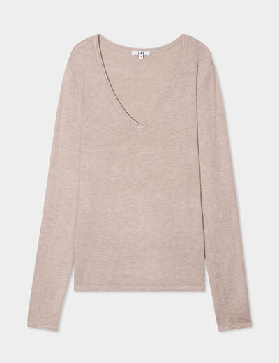 Pull ajusté avec col en V beige femme