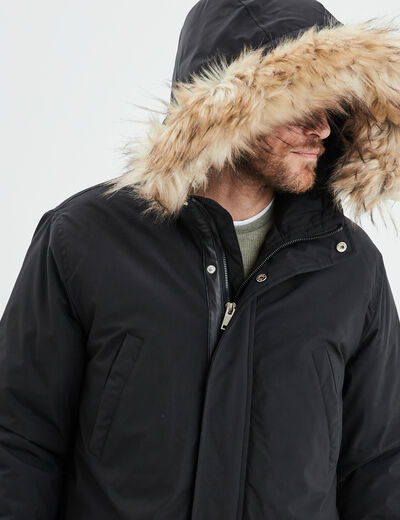 Parka à capuche fausse fourrure amovible noir homme