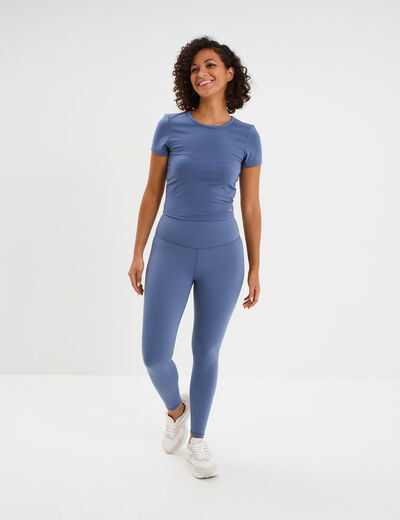 T-shirt de sport court ajust&eacute; bleu fonc&eacute; femme