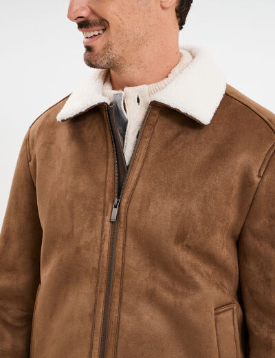 Veste bomber effet su&eacute;dine col aviateur marron homme