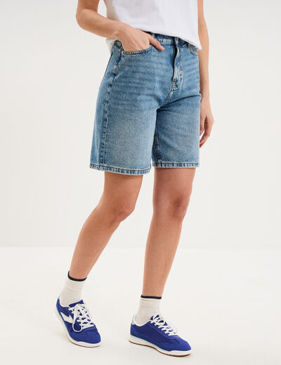 Bermuda short droit en jean coton denim double stone femme