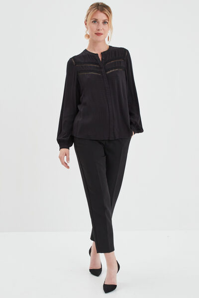 Blouse bandes ajourées col mao Liberto noir femme