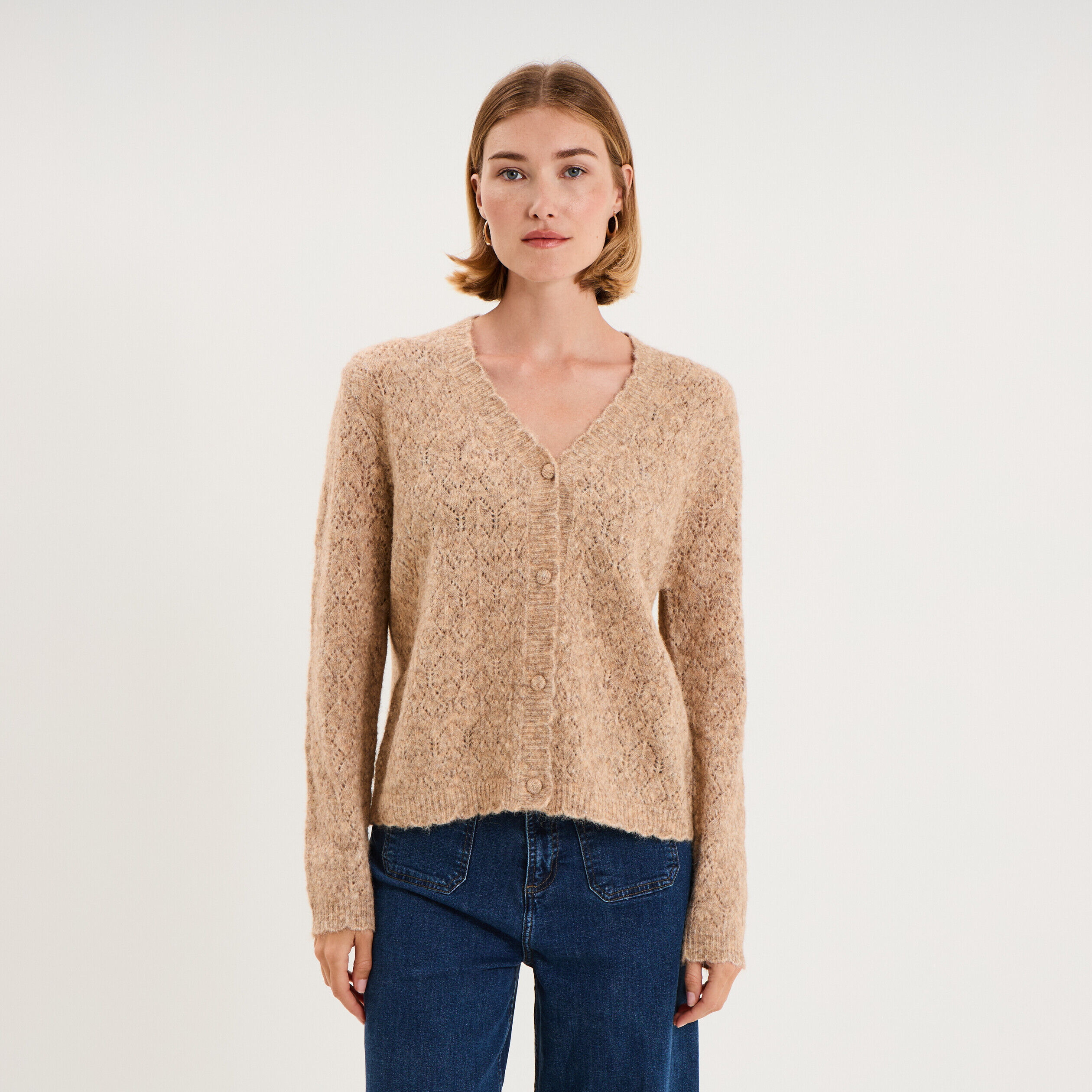 Gilet cardigan ajouré manches longues beige femme