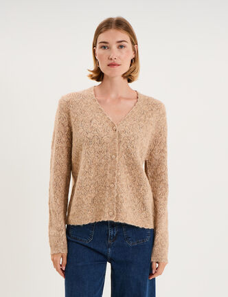 Gilet cardigan ajour&eacute; manches longues beige femme
