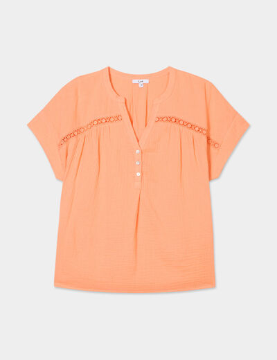 Blouse manches courtes gaze de coton orange corail femme