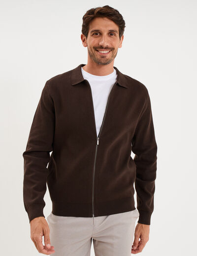 Gilet zipp&eacute; en maille manches longues marron fonc&eacute; homme