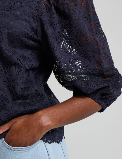 Blouse dentelle manches 3/4 bleu fonc&eacute; femme