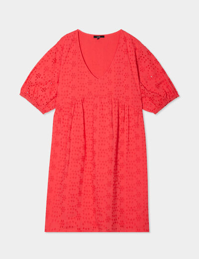 Robe broderie anglaise manches 3/4 rouge femme