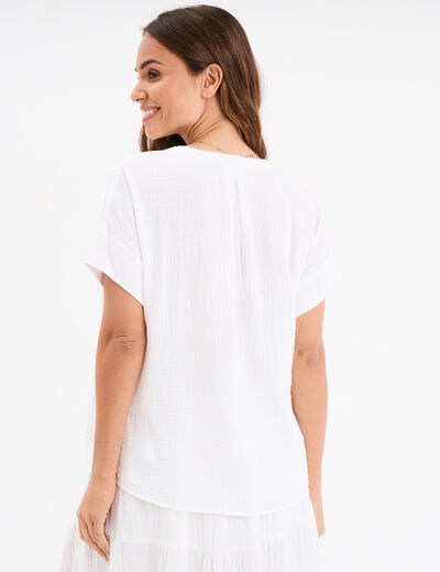 Blouse Col tunisien gaze de coton blanc femme