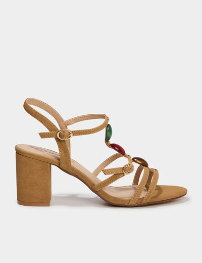 Sandales &agrave; talons 7 cm su&eacute;dine et bijoux sable femme