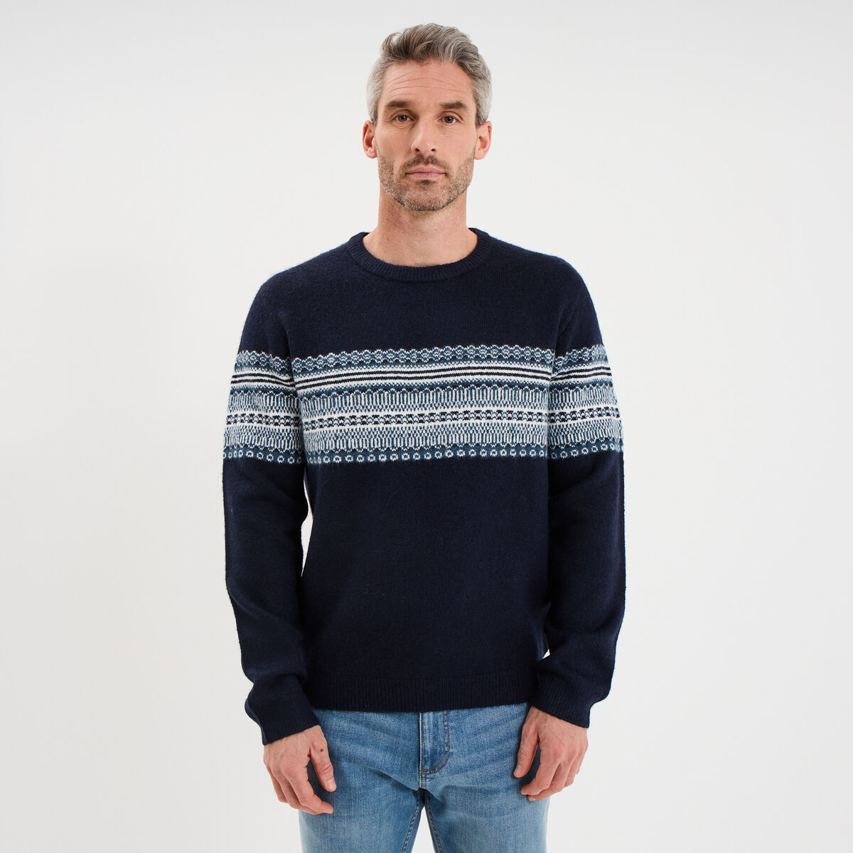 Pull jacquard col rond manches longues bleu fonc&eacute; homme