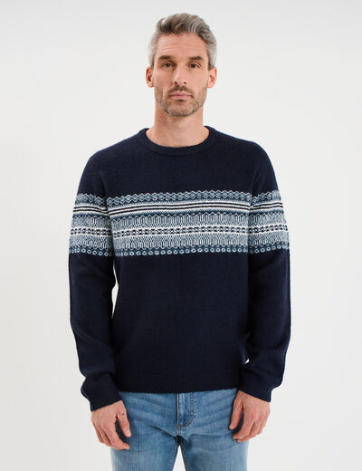 Pull jacquard col rond manches longues bleu fonc&eacute; homme