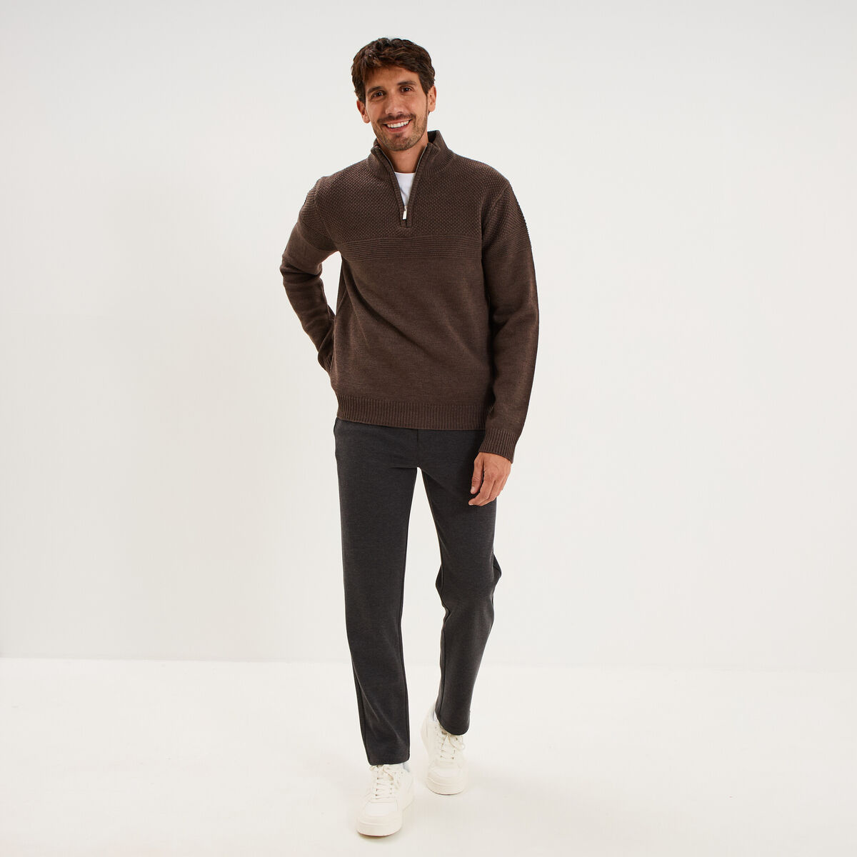 Pull col camionneur manches longues marron chocolat homme