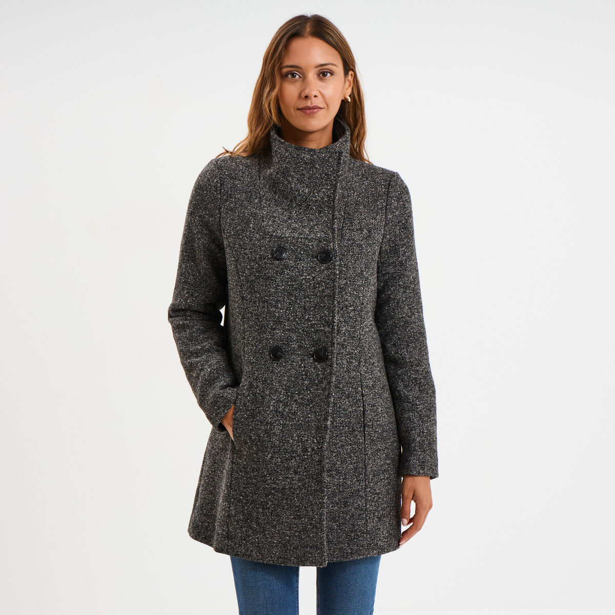 Manteau droit mi-long col montant doubl&eacute; gris fonc&eacute; femme