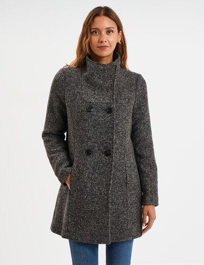 Manteau droit mi-long col montant doubl&eacute; gris fonc&eacute; femme