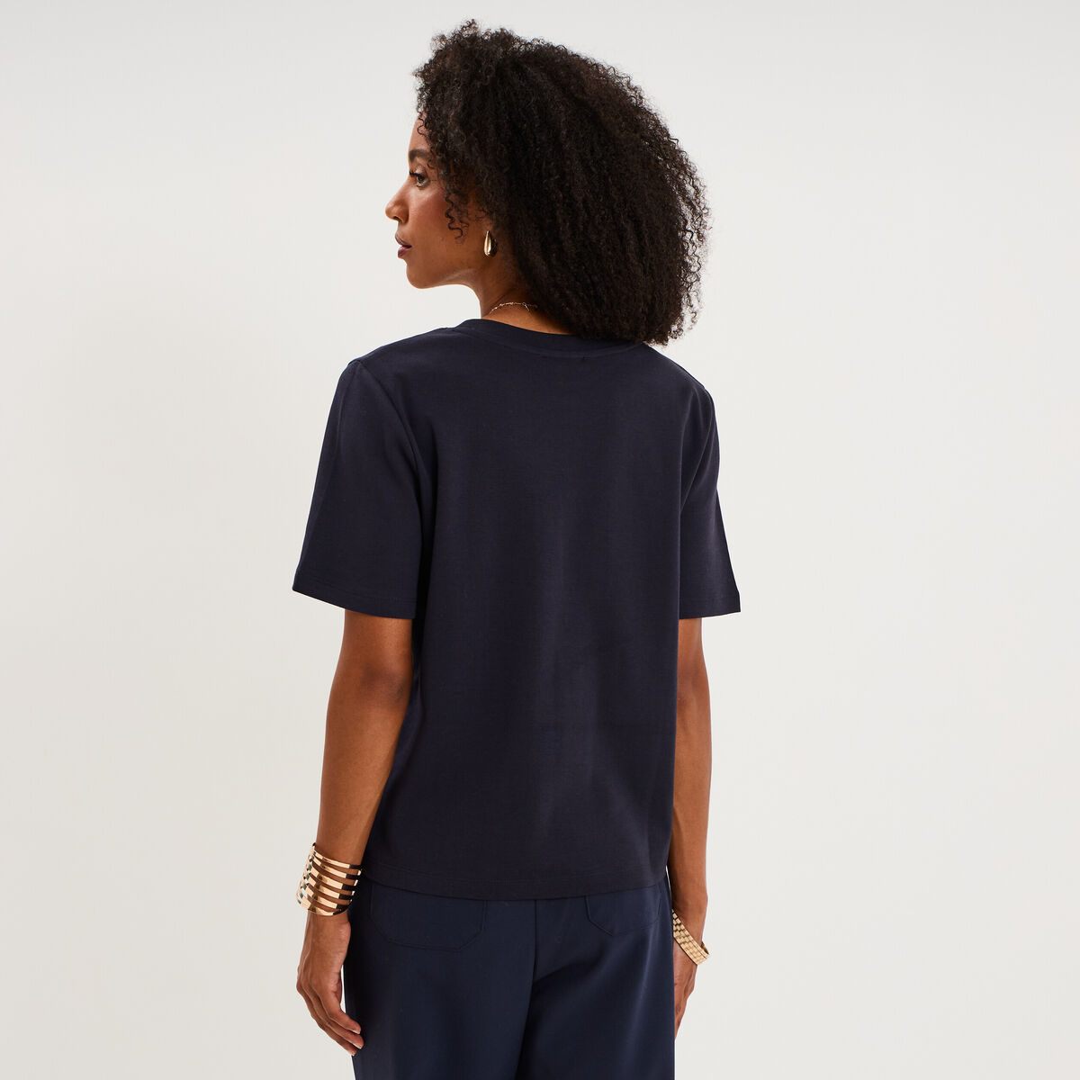 T-shirt manches courtes col rond coton bleu fonc&eacute; femme