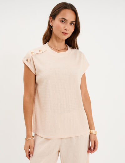 T-shirt col rond avec boutons beige femme