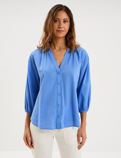 Blouse col tunisien manches 3/4 coton bleu electrique femme