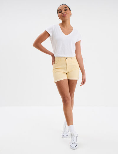 Short en jean slim coton stretch creme femme
