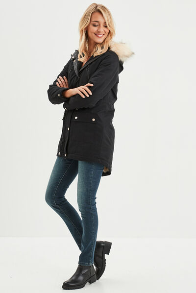 Parka cintrée à capuche fourrée noir femme