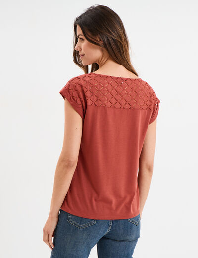 T-shirt col en V dentelle épaules et dos vieux rose femme
