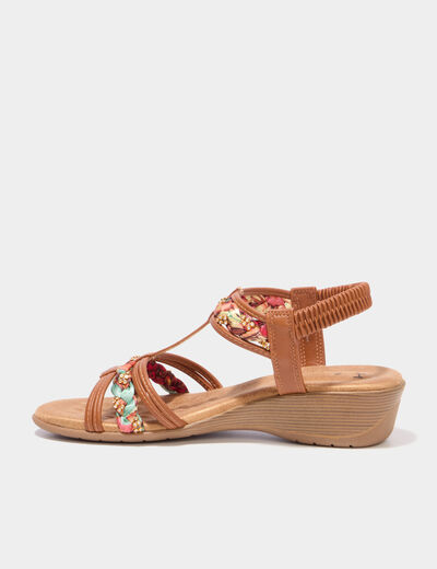 Sandales compens&eacute;es 5 cm d&eacute;tails bijoux marron femme