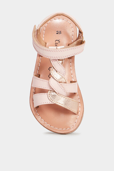 Sandales brides tress&eacute;es en cuir rose fille