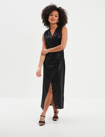 Robe midi moulante drapée paillettes noir femme