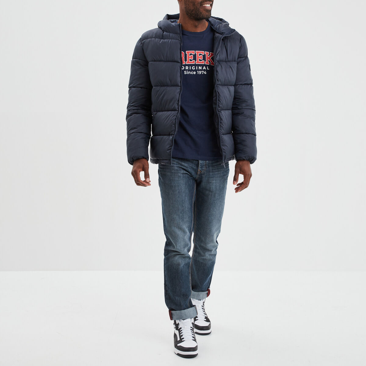 Doudoune doubl&eacute;e zipp&eacute;e &agrave; capuche bleu marine homme