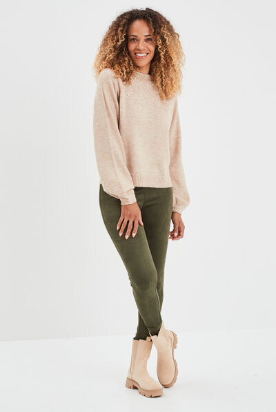 Pull avec perles et manches ballons beige femme