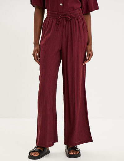 Pantalon large fluide taille &eacute;lastiqu&eacute;e bordeaux femme