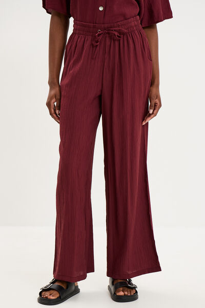 Pantalon large fluide taille &eacute;lastiqu&eacute;e bordeaux femme
