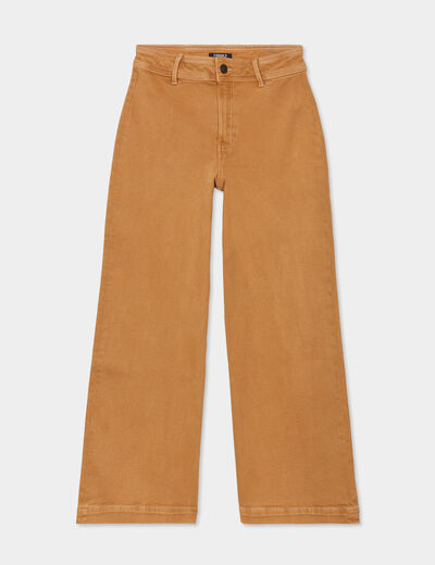 Pantalon flare 7/8ème taille haute coton beige femme