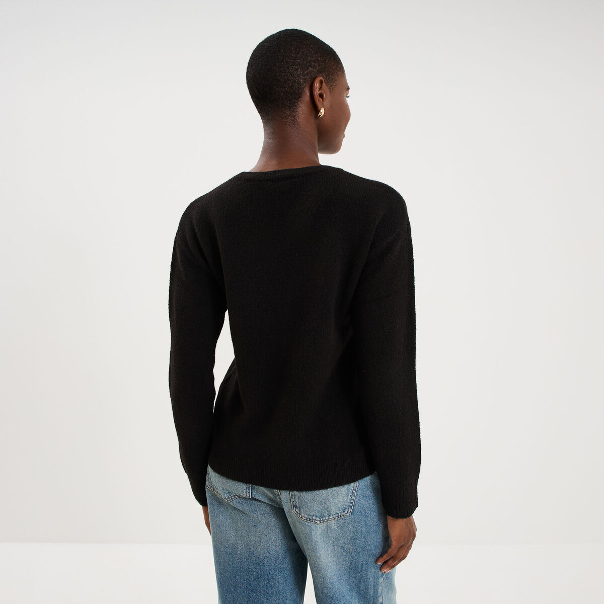 Pull col rond manches longues noir femme