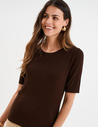 Pull manches courtes col rond marron foncé femme