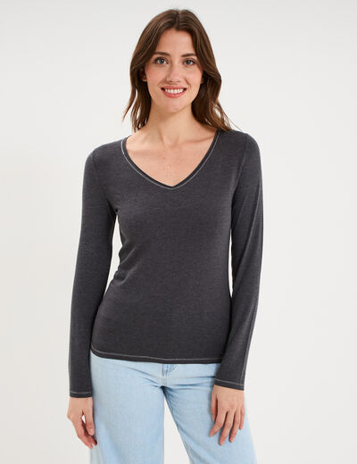 T-shirt manches longues col en V coton gris fonc&eacute; femme