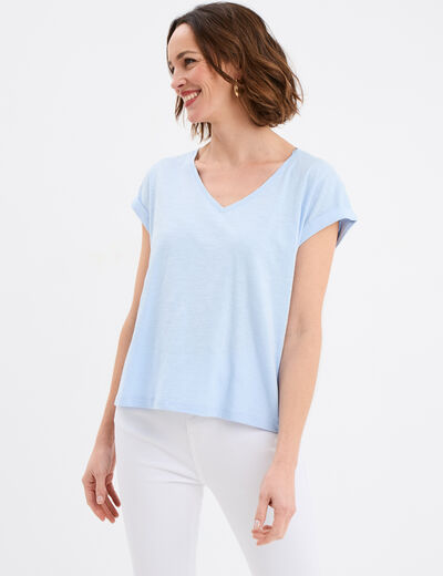 T-shirt dos dentelle brodée coton bleu ciel femme