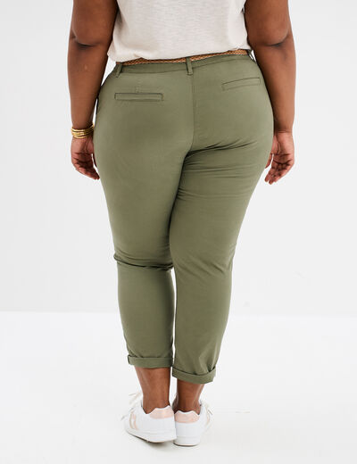 Pantalon chino cigarette ceinturé coton vert kaki femme grande taille
