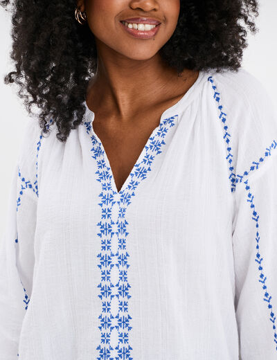 Blouse brod&eacute;e manches longues coton blanc femme