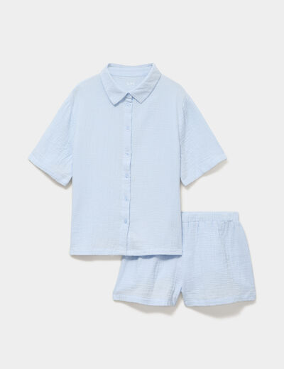 Ensemble pyjama chemise et short coton bleu ciel femme