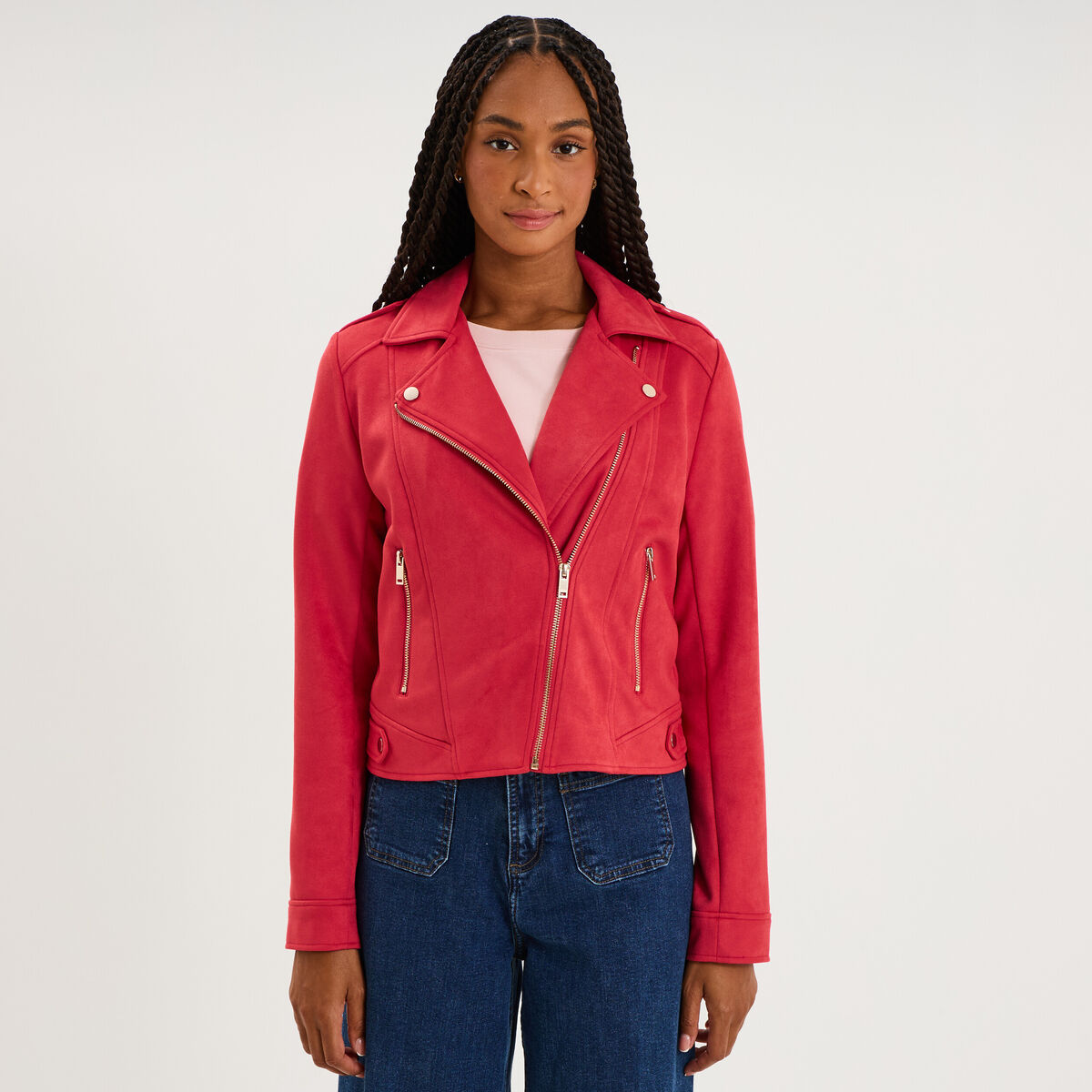Veste biker en su&eacute;dine ajust&eacute;e rouge femme
