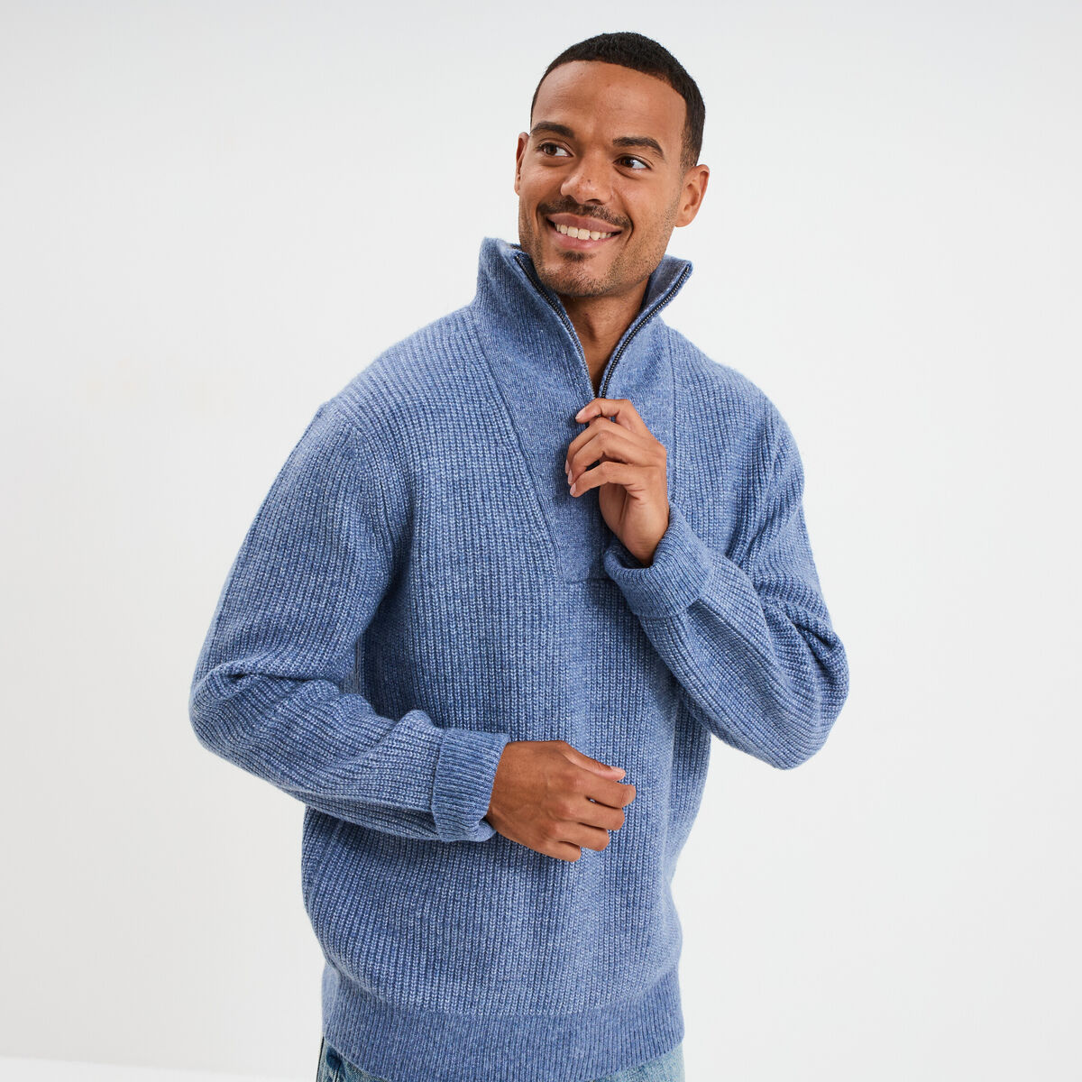 Pull avec col camionneur côtelé bleu foncé homme