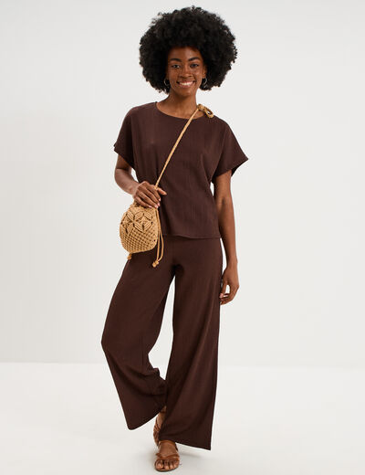 Pantalon large gaufr&eacute; taille &eacute;lastiqu&eacute;e marron fonc&eacute; femme