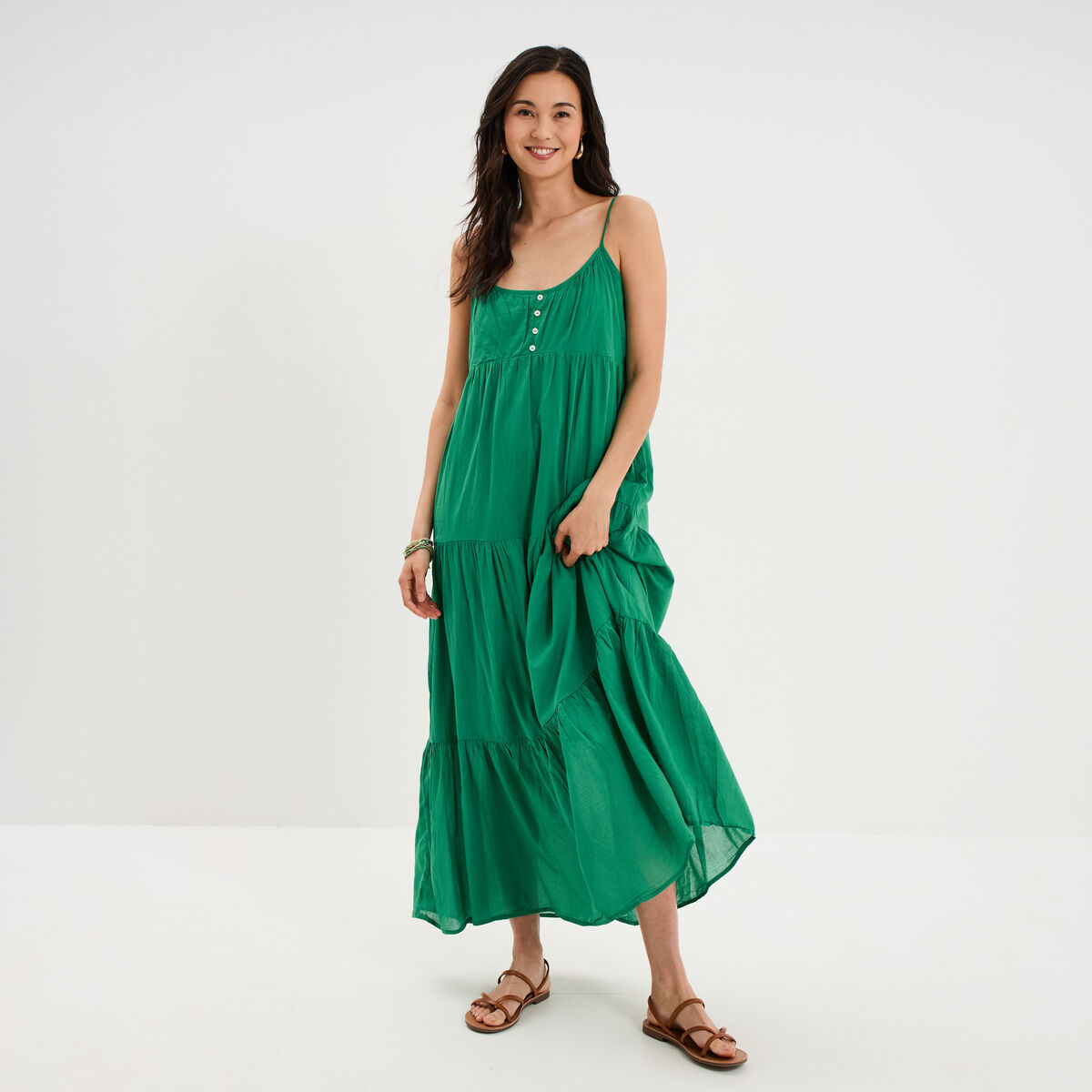 Robe longue &agrave; volants fines bretelles vert canard femme