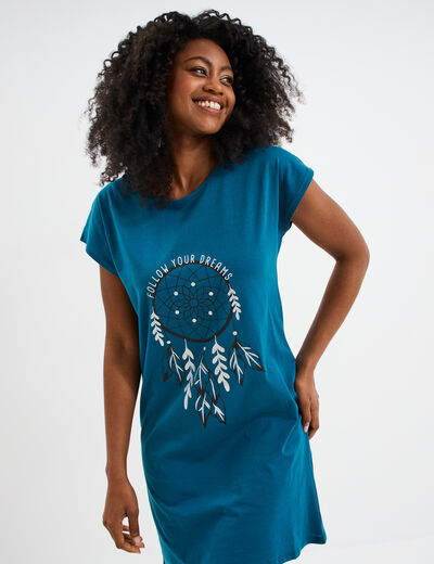 Chemise de nuit courte col rond bleu canard femme