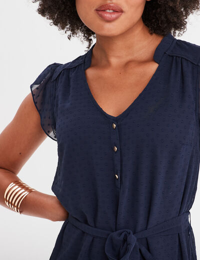 Robe Longue Légère Jennyfer Bleu Marine Rayée - Taille M, Col V, Manches Courtes, Ceinturée - État Parfait