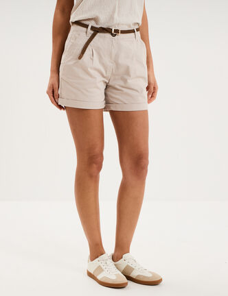 Short chino ceinture tress&eacute;e beige femme