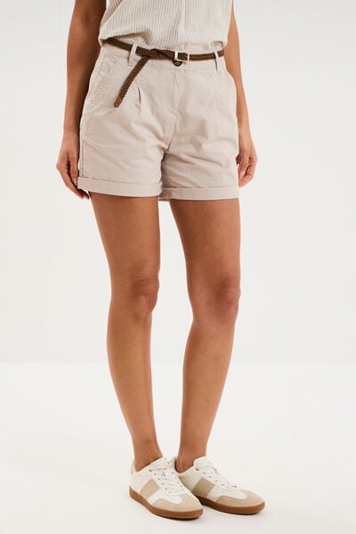 Short chino ceinture tress&eacute;e beige femme