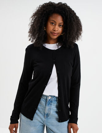 Gilet col rond manches longues noir femme